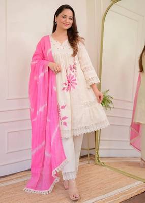 Jaipuri pure pink cotton fabric party wear dress with dupatta set 1