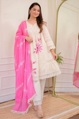 Jaipuri pure pink cotton fabric party wear dress with dupatta set