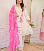 Jaipuri pure pink cotton fabric party wear dress with dupatta set