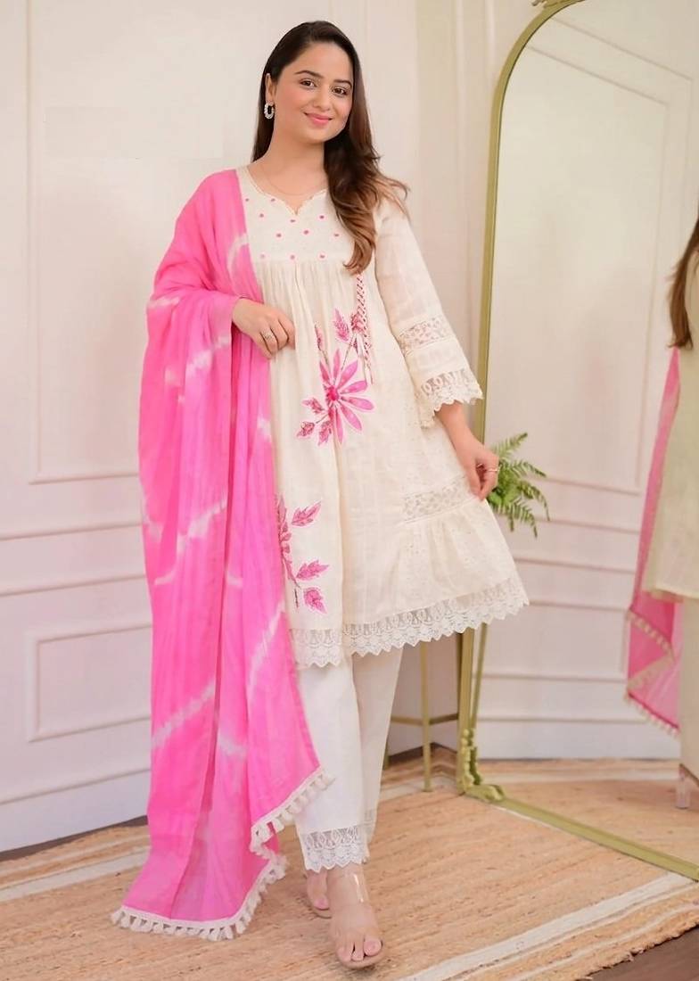 Jaipuri pure pink cotton fabric party wear dress with dupatta set