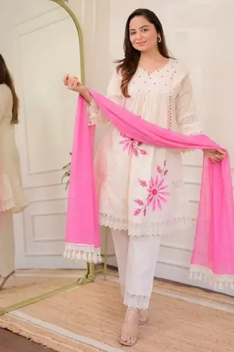 Jaipuri pure pink cotton fabric party wear dress with dupatta set