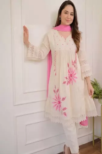 Jaipuri pure pink cotton fabric party wear dress with dupatta set