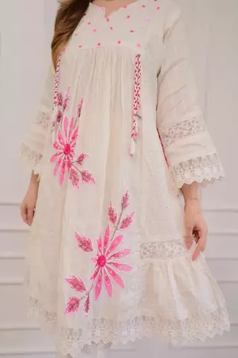 Jaipuri pure pink cotton fabric party wear dress with dupatta set
