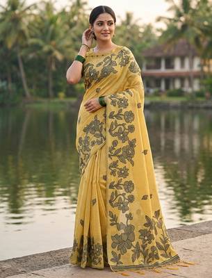 yellow floral printed saree for women  1