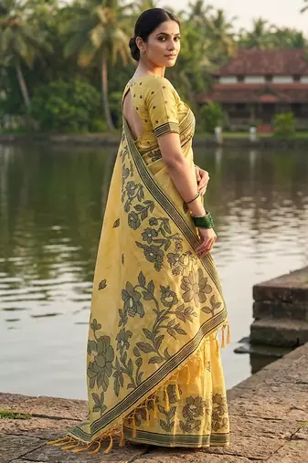 yellow floral printed saree for women 