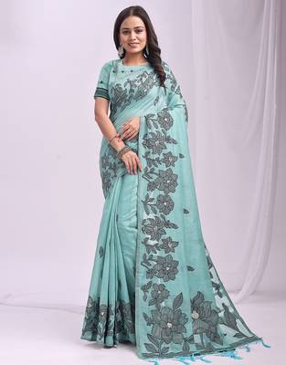 sky blue linen saree with zari woven floral motifs 1