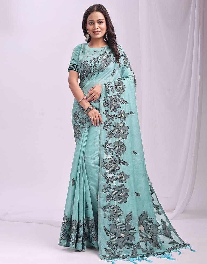 Sutriti sky blue floral printed saree for women | soft lightweight day-to-night saree