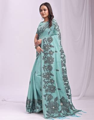 sky blue linen saree with zari woven floral motifs 2