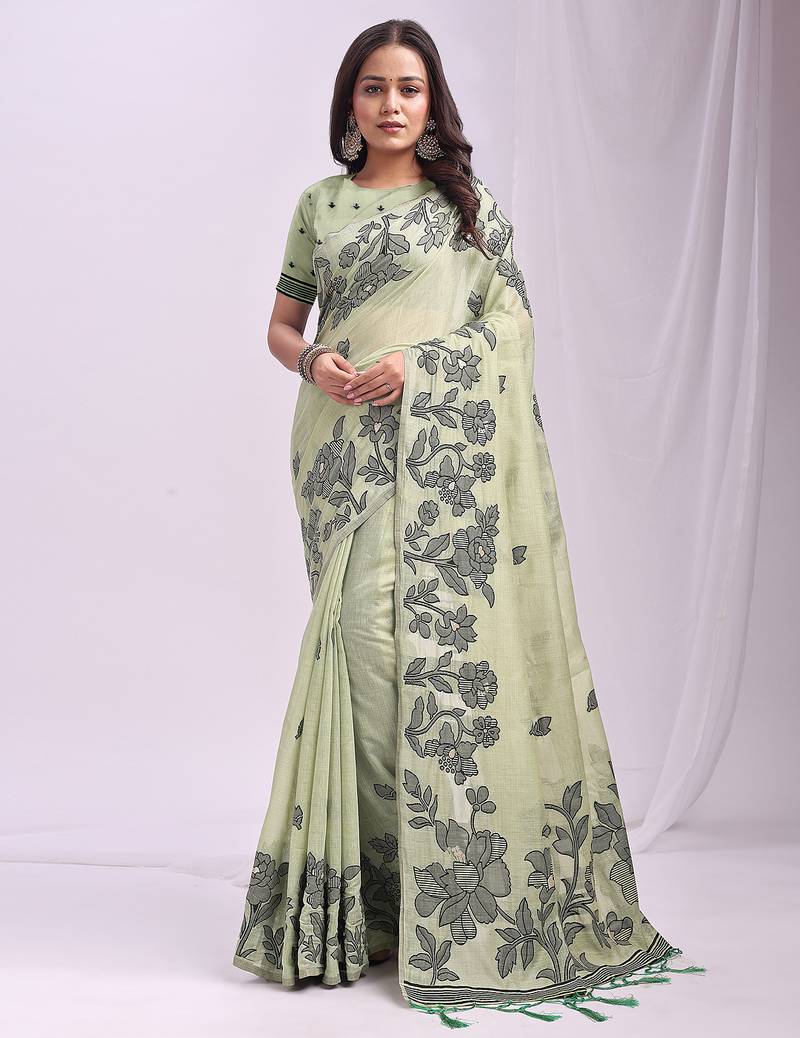 Sutriti mint green floral printed saree for women | soft lightweight day-to-night saree
