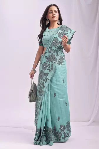 sky blue linen saree with zari woven floral motifs
