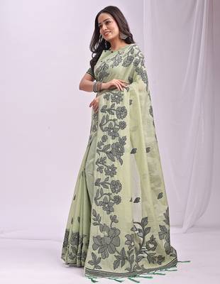 mint green floral printed saree for women  2