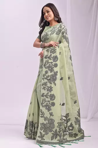 mint green floral printed saree for women 