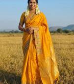 Sutriti haldi special mustard yellow soft silk saree with traditional zari border