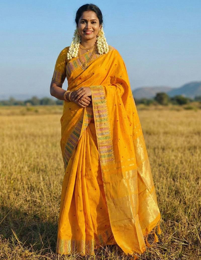 Sutriti haldi special mustard yellow soft silk saree with traditional zari border