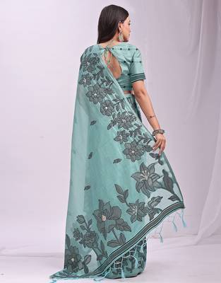 sky blue linen saree with zari woven floral motifs 5
