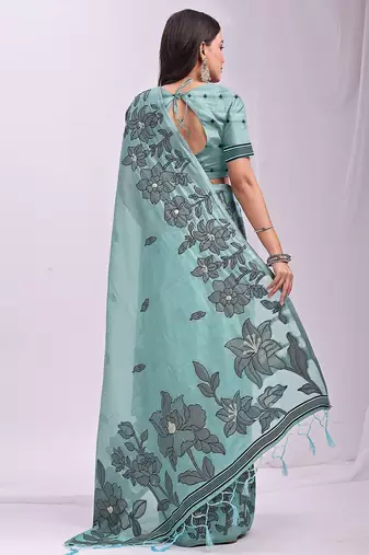 sky blue linen saree with zari woven floral motifs