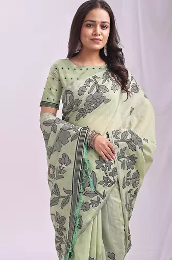 mint green floral printed saree for women 