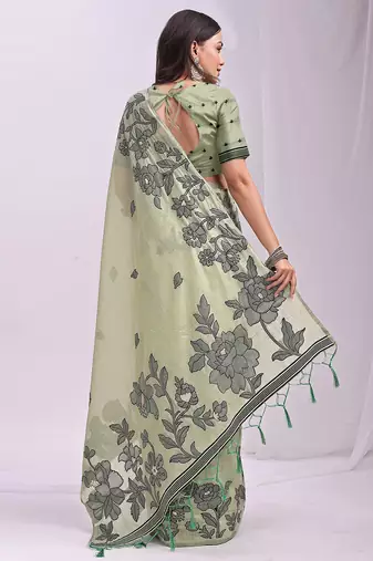 mint green floral printed saree for women 