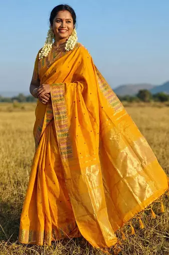 haldi special mustard yellow soft silk blend saree with traditional zari border