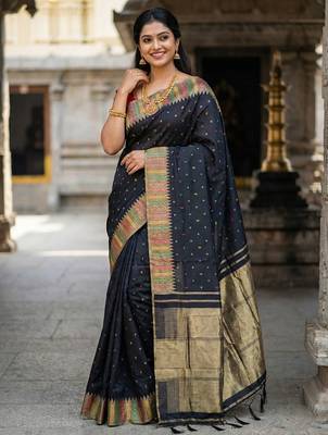 designer midnight black & gold woven art silk blend saree  1