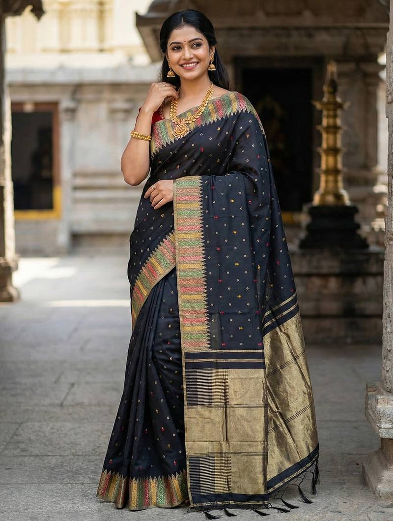 Sutriti designer midnight black & gold woven art silk saree | modern festive wear