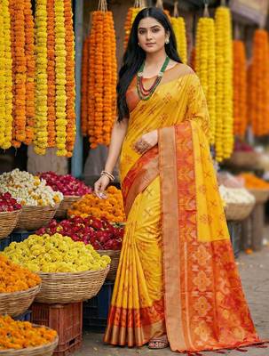 exquisite yellow & red pochampalli soft silk blend saree with grand ikat woven pallu 1