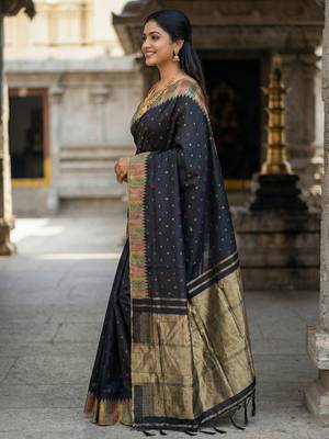 designer midnight black & gold woven art silk blend saree  2