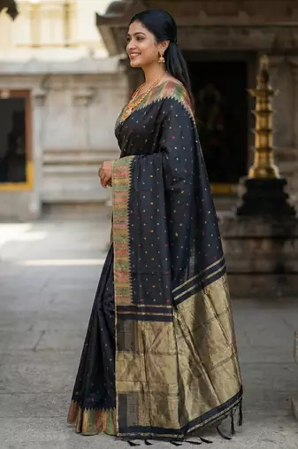 designer midnight black & gold woven art silk blend saree 
