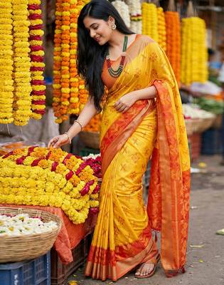 exquisite yellow & red pochampalli soft silk blend saree with grand ikat woven pallu 2