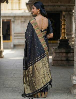 designer midnight black & gold woven art silk blend saree  3