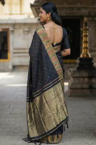 designer midnight black & gold woven art silk blend saree 