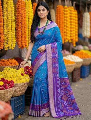 exquisite blue & violet pochampalli soft silk blend saree with grand ikat woven pallu 1