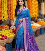 Sutriti exquisite blue & violet pochampalli soft silk saree with grand ikat woven pallu