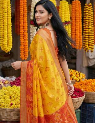 exquisite yellow & red pochampalli soft silk blend saree with grand ikat woven pallu 3