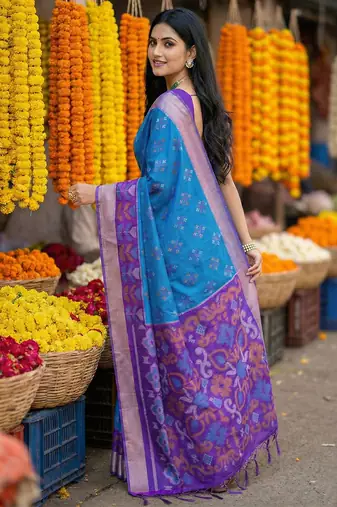 exquisite blue & violet pochampalli soft silk blend saree with grand ikat woven pallu