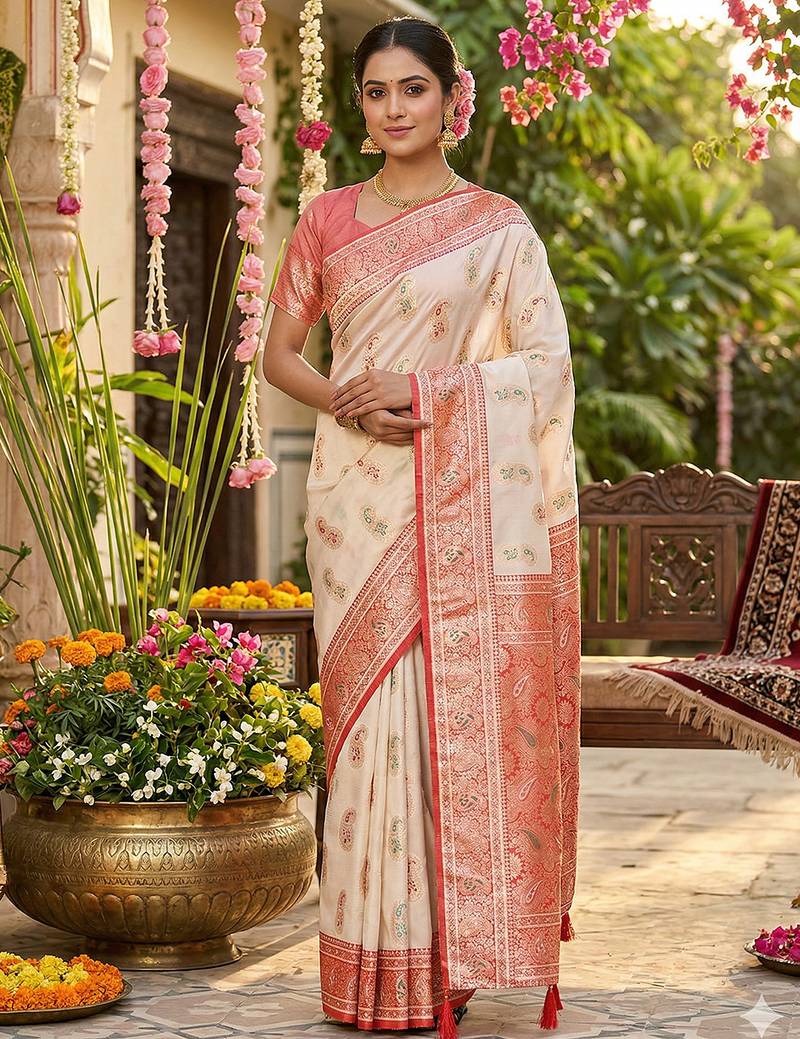 Sutriti banarasi style paisley butti saree for women | rich woven border & grand pallu