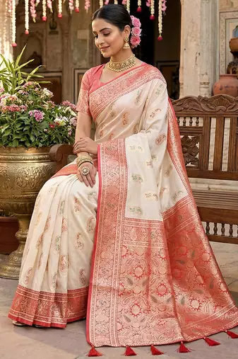 white banarasi silk blend saree with rich woven paisley pallu