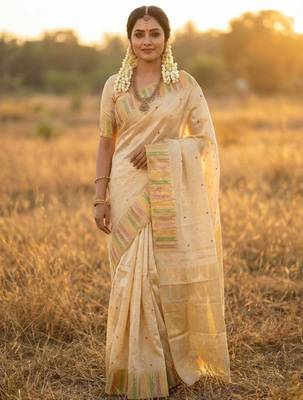 off-white kanchipuram silk blend saree with woven gold zari 1