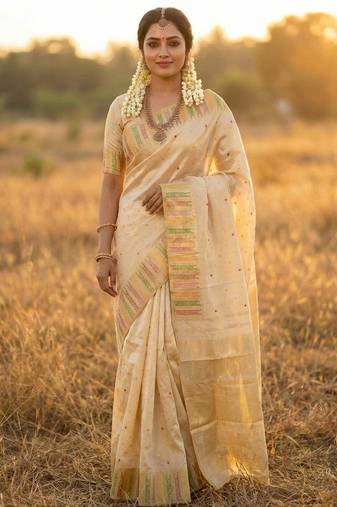 Sutriti off-white cream kerala style soft silk saree with gold zari border