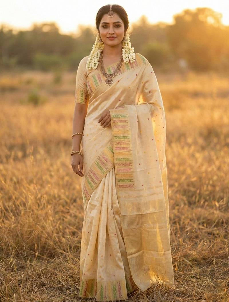 Sutriti off-white cream kerala style soft silk saree with gold zari border