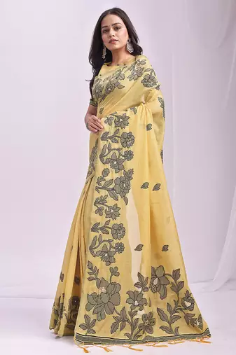 yellow linen saree with floral woven zari designs