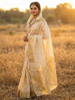 off-white kanchipuram silk blend saree with woven gold zari 2