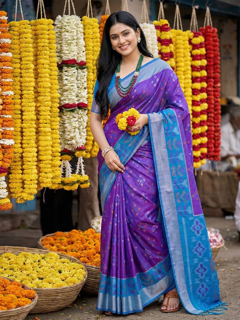 Sutriti exquisite violet & sky blue pochampalli soft silk saree with grand ikat woven pallu