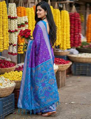 pochampalli silk blend ikat saree violet blue woven 2