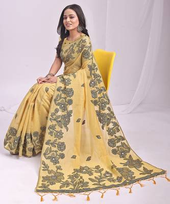 yellow linen saree with floral woven zari designs 3