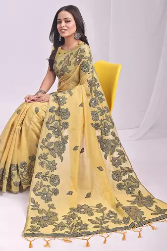 yellow linen saree with floral woven zari designs