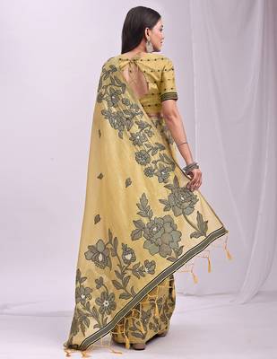 yellow linen saree with floral woven zari designs 5