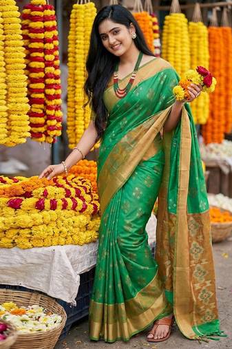 Sutriti exquisite green & brown pochampalli soft silk saree with grand ikat woven pallu