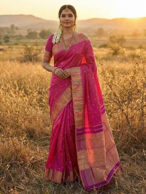 women s royal magenta soft semi-silk blend saree with heavy zari geometric border 1