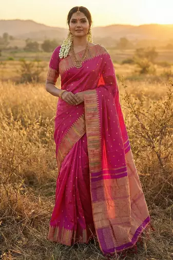 Sutriti women’s royal magenta soft semi-silk saree with heavy zari geometric border